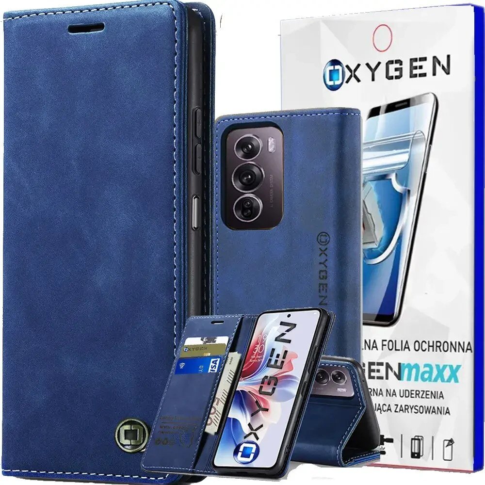 Na obrazie widoczne jest niebieskie etui na telefon z miejscem na karty oraz opakowanie z napisem \'OXYGEN\'. Etui jest otwarte, ukazując ekran telefonu i trzy obiektywy aparatu.