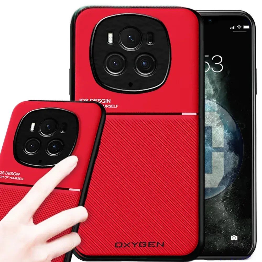 Czerwone etui na telefon z trzema widocznymi obiektywami aparatu i napisem \'OXYGEN\' na dole. Na etui znajduje się również tekst \'IOS DESIGN\' oraz \'BEST OF YOURSELF\'.