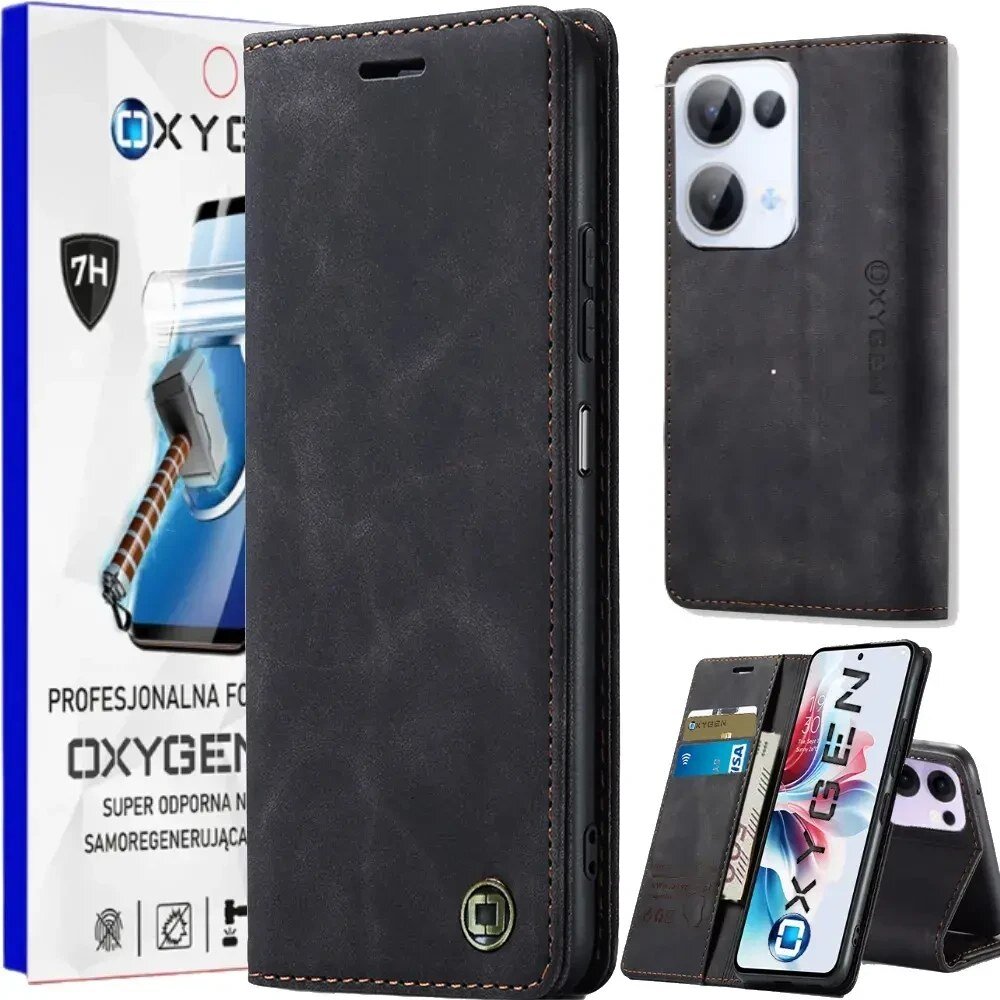 Na obrazie widoczne jest czarne etui na telefon z logo OXYGEN, które ma funkcję stojaka i miejsce na karty. W tle znajduje się opakowanie z napisem \'PROFESJONALNA FOLIA OXYGEN SUPER ODPORNA NA UDERZENIA SAMOREGENERUJĄCA\'.