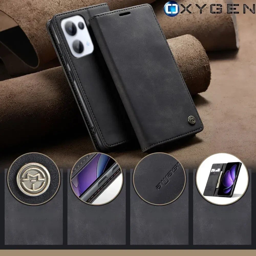 Na obrazie widoczne jest czarne etui na telefon z klapką, obok którego znajduje się telefon z trzema aparatami. W prawym górnym rogu widnieje logo \'OXYGEN\'.