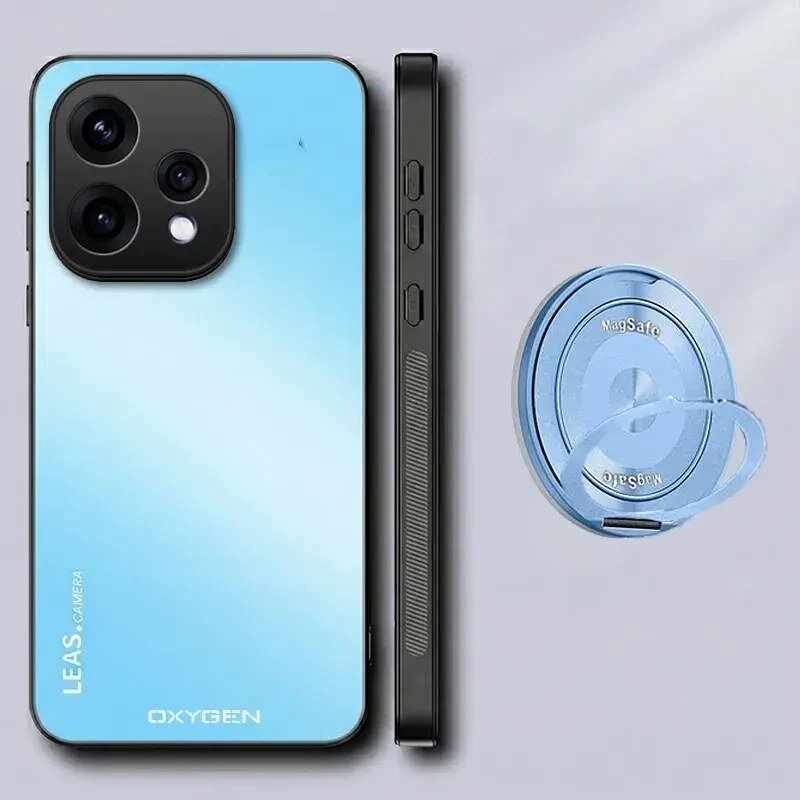 Na obrazie widoczne jest niebieskie etui na telefon z trzema otworami na aparat oraz napisy \'LEAS CAMERA\' i \'OXYGEN\'. Obok znajduje się niebieski uchwyt z napisem \'MagSafe\'.