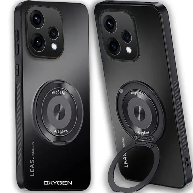 Obraz przedstawia dwa czarne etui na telefon z widocznymi trzema aparatami i napisem \'OXYGEN\' oraz \'LEAS - CAMERA\'. Na etui znajduje się okrągły element z napisem \'MagSafe\'.