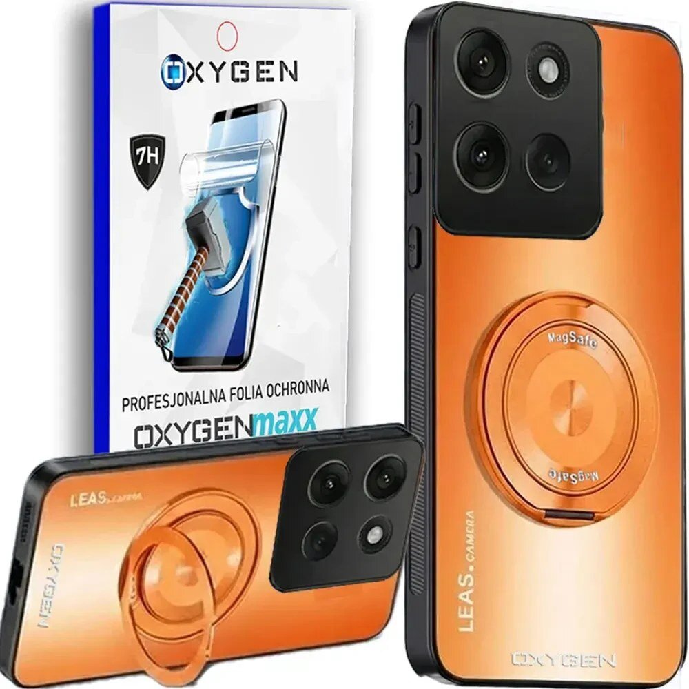 Obraz przedstawia pomarańczowe etui na telefon z okrągłym uchwytem oznaczonym \'MagSafe\' oraz opakowanie z napisem \'OXYGENmaxx Profesjonalna Folia Ochronna\'.