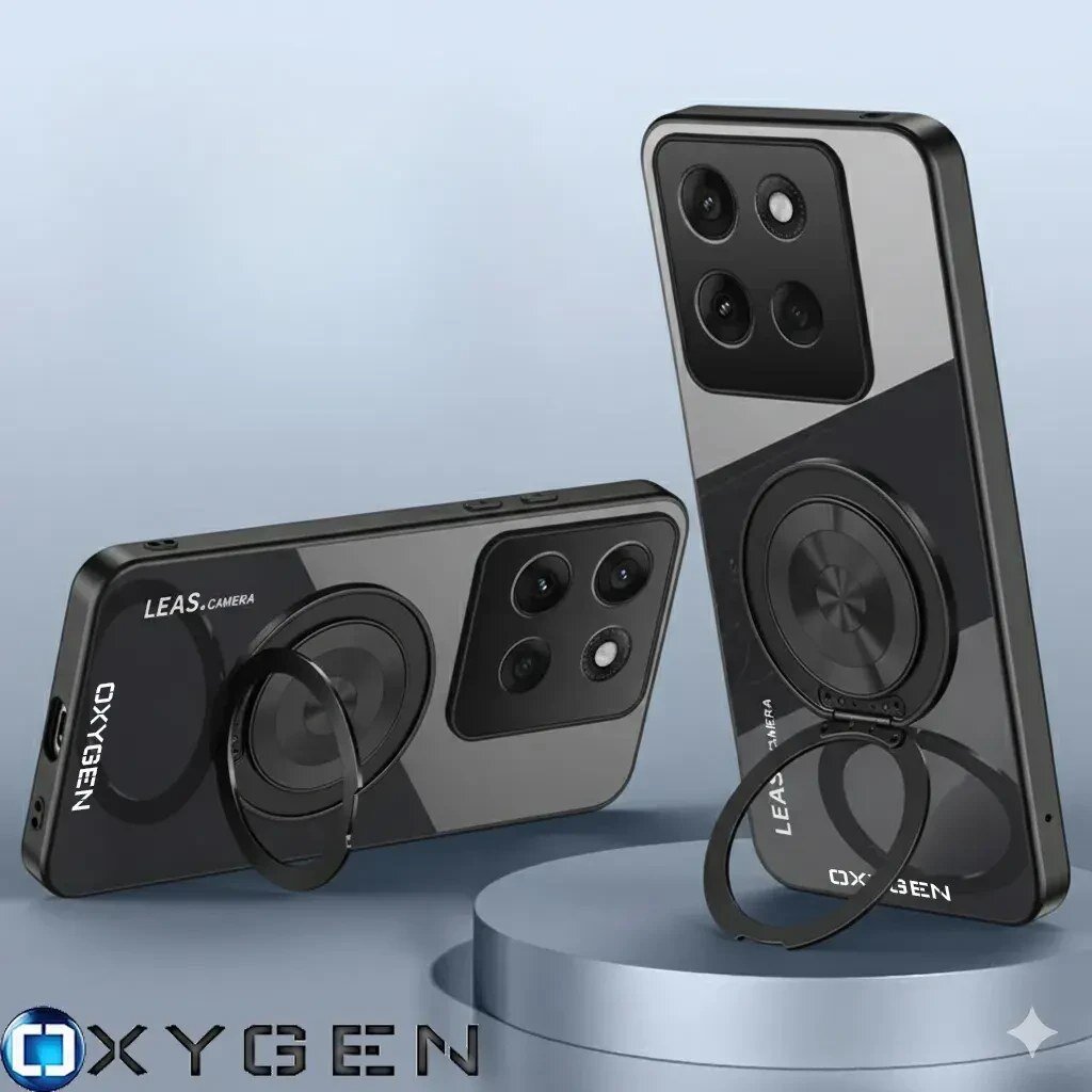 Dwa etui na telefon z napisem \'OXYGEN\' i \'LEAS.CAMERA\', każde z pierścieniem na tylnej części. Etui są umieszczone na okrągłej podstawce, a w tle widoczna jest jasna powierzchnia.