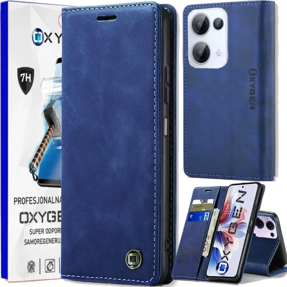 Na obrazie widoczne jest niebieskie etui na telefon z logo OXYGEN, które ma funkcję stojaka i miejsce na karty. W tle znajduje się opakowanie z napisem \'PROFESJONALNE OXYGEN SUPER ODPORNE SAMOREGENERUJĄCE\'.