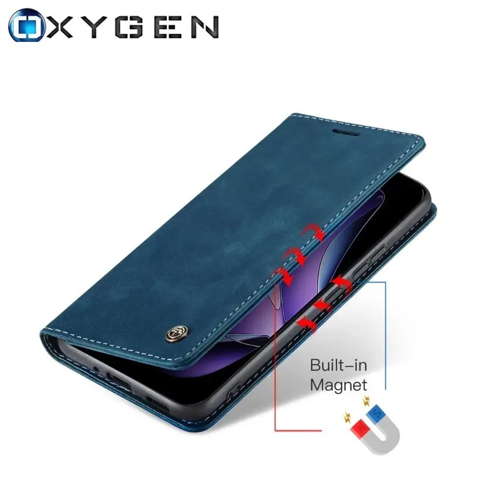 Na obrazie widoczne jest niebieskie etui na telefon z logo OXYGEN, które posiada wbudowany magnes. Obok etui znajduje się ilustracja magnesu z napisem \'Built-in Magnet\'.