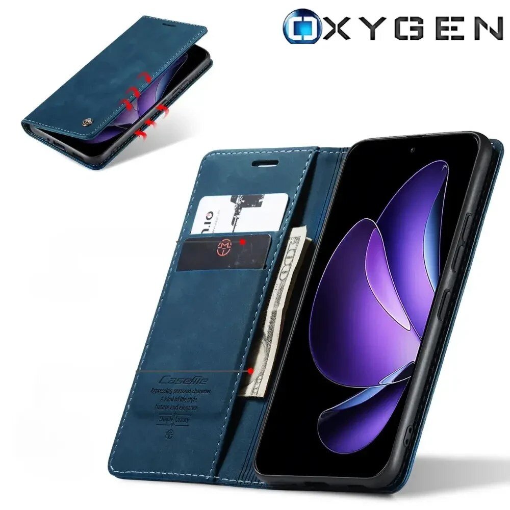 Etui na telefon w kolorze niebieskim z miejscem na karty i banknoty, obok widoczny telefon z fioletowym motywem na ekranie. Logo \'OXYGEN\' znajduje się w górnym rogu obrazu.