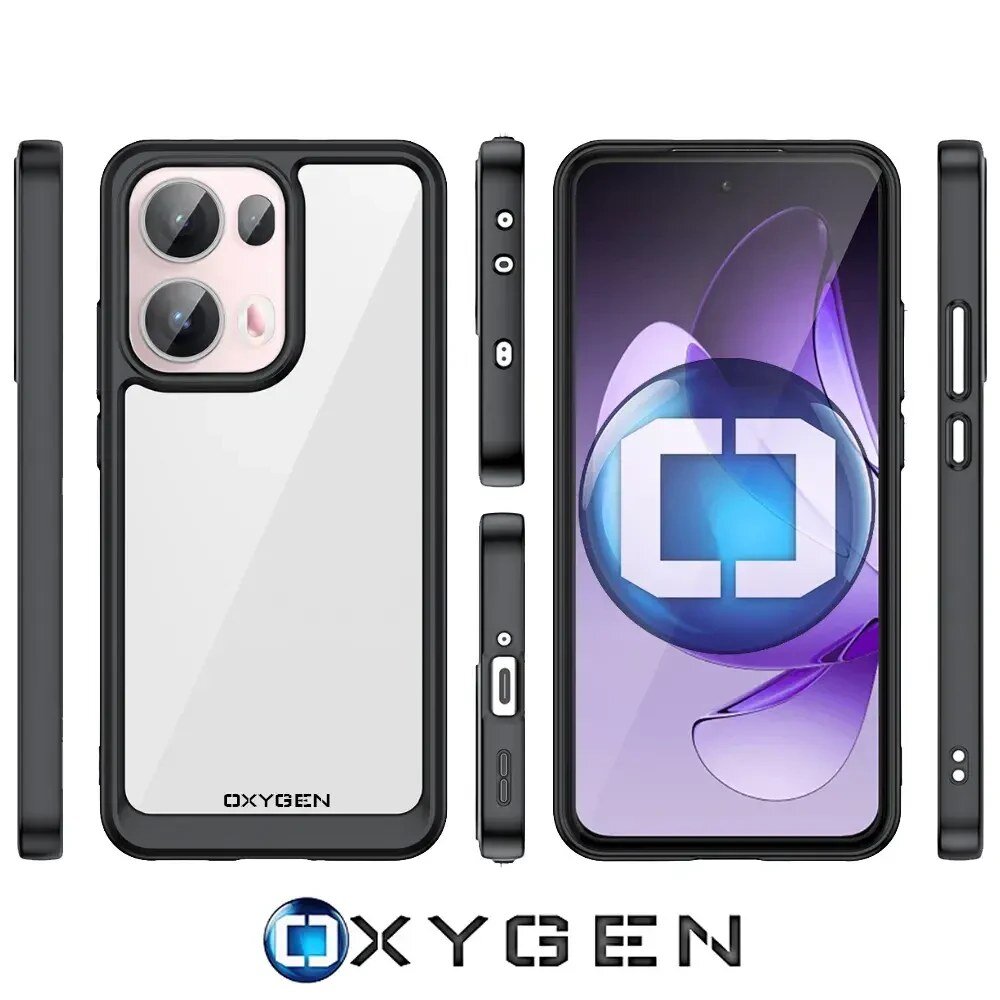 Obraz przedstawia etui na telefon z przezroczystym tyłem i czarnymi krawędziami, z napisem \'OXYGEN\' na dole. Obok znajduje się telefon z wyświetlaczem pokazującym niebiesko-fioletową grafikę oraz logo \'OXYGEN\' poniżej.