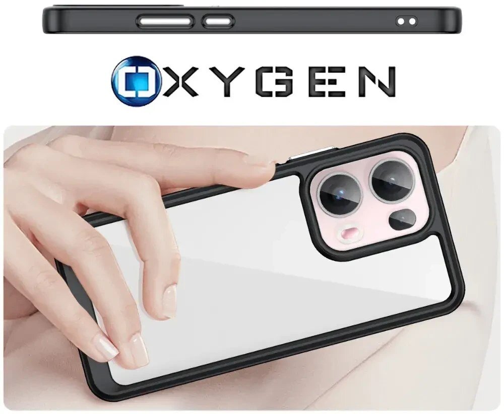 Obraz przedstawia etui na telefon z przezroczystym tyłem i czarną ramką, trzymane w dłoni. Widoczne jest logo \'OXYGEN\'.