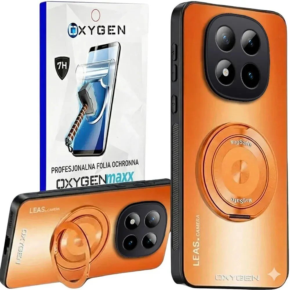 Obraz przedstawia pomarańczowe etui na telefon z dużym modułem aparatu i napisem \'LEAS. CAMERA\'. W tle widoczna jest opakowanie z napisem \'OXYGENmaxx PROFESJONALNA FOLIA OCHRONNA\'.