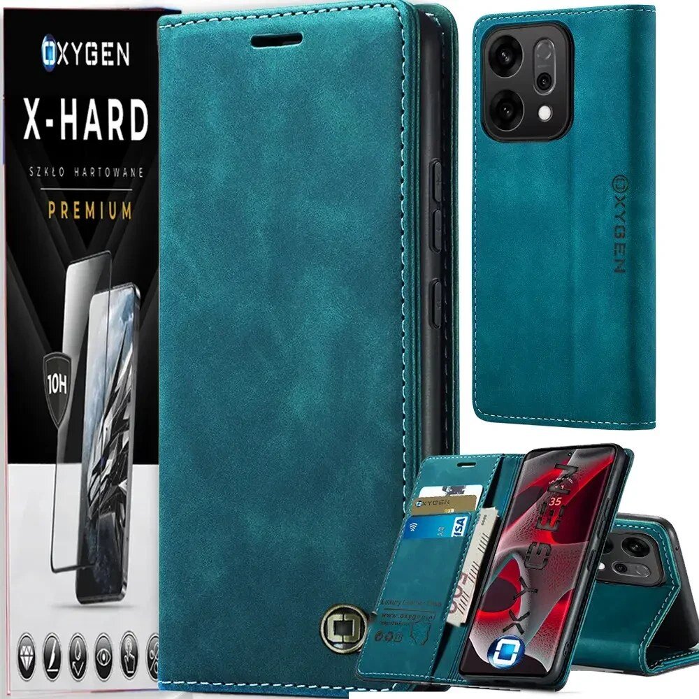 Na obrazie widoczne jest turkusowe etui na telefon z miejscem na karty oraz opakowanie z napisem \'OXYGEN X-HARD PREMIUM\'. Etui jest otwarte, ukazując wnętrze z telefonem i kartami.