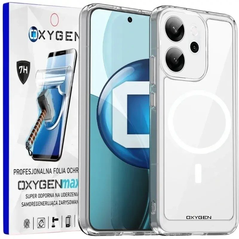 Obraz przedstawia przezroczyste etui na telefon z widocznym logo OXYGEN oraz opakowanie z napisem \'PROFESJONALNA FOLIA OCHRONNA OXYGENmax\'.