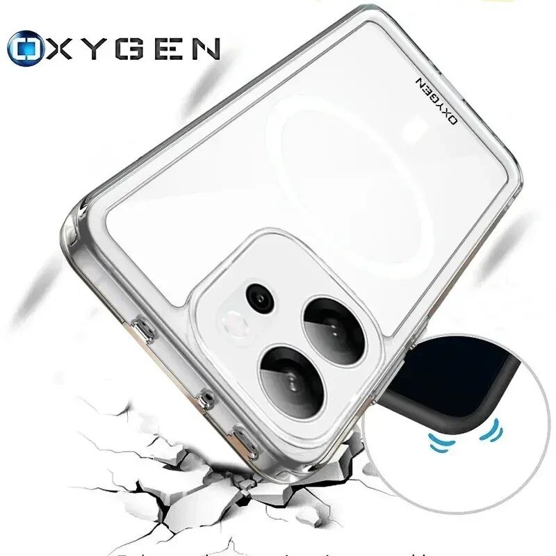 Przezroczyste etui na telefon z widocznymi dwoma dużymi otworami na aparaty, leży na powierzchni z efektem pęknięcia. W lewym górnym rogu widoczne jest logo \'OXYGEN\'.