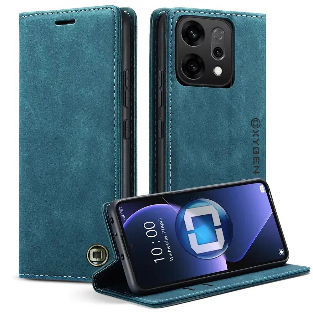 Etui na telefon w kolorze niebieskim z widocznym logo \'OXYGEN\'. Telefon w etui pokazuje ekran z godziną 10:00 i datą Wednesday, 2 April.