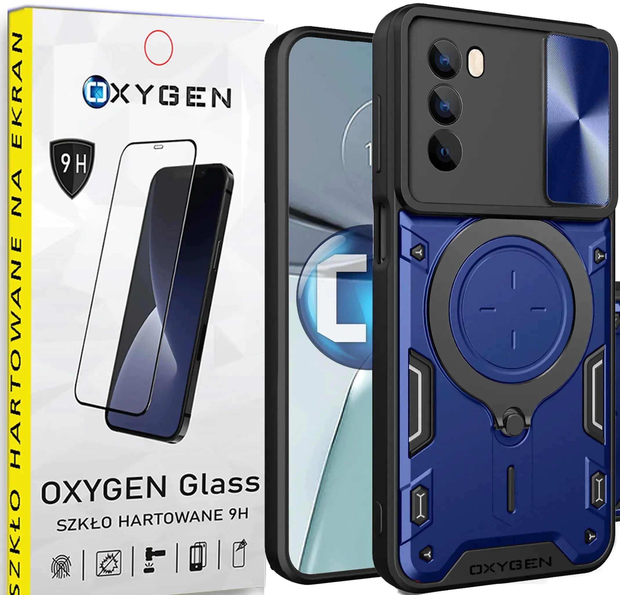 Na obrazie widoczne jest etui na telefon w kolorze niebieskim z czarnymi elementami oraz opakowanie szkła hartowanego z napisem \'OXYGEN Glass SZKŁO HARTOWANE 9H\'.