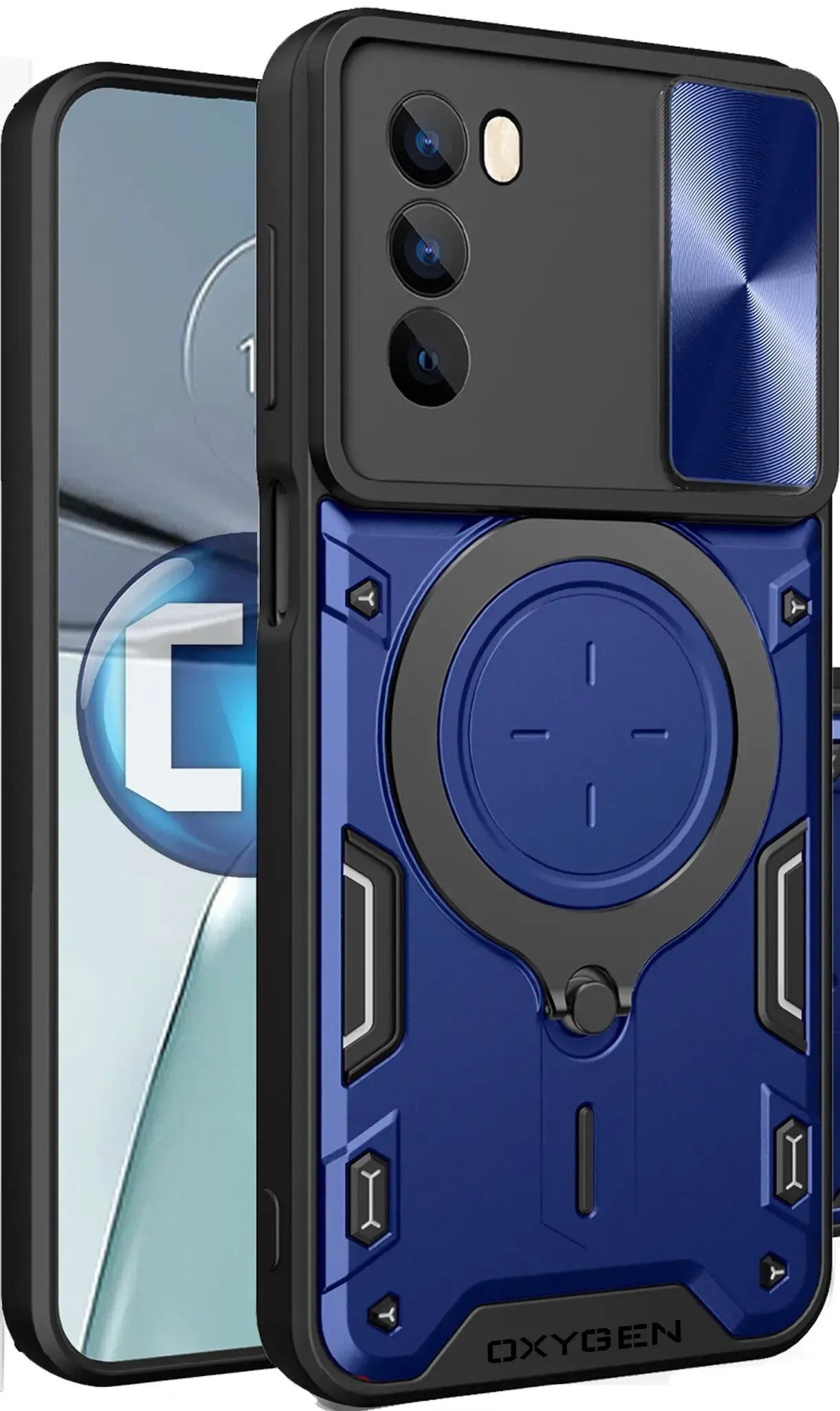 Na obrazie widoczne jest etui na telefon w kolorze niebieskim z czarnymi elementami, z trzema otworami na aparaty i napisem \'OXYGEN\' na dole. W tle znajduje się telefon z wyświetlaczem pokazującym niebieski motyw graficzny.