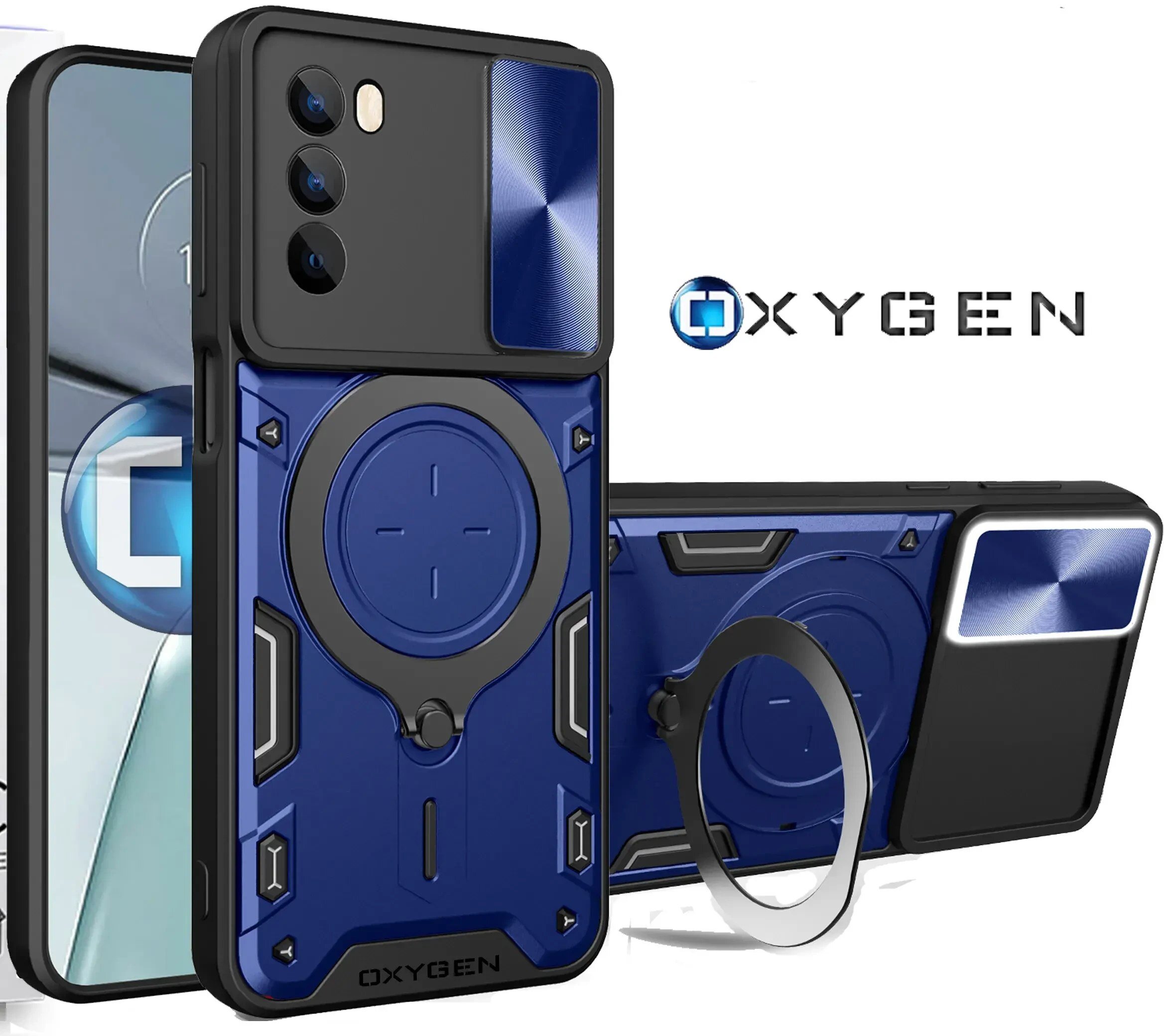 Obraz przedstawia niebieskie etui na telefon z napisem \'OXYGEN\', z trzema otworami na aparat i metalowym pierścieniem. Obok widoczne jest logo \'OXYGEN\'.