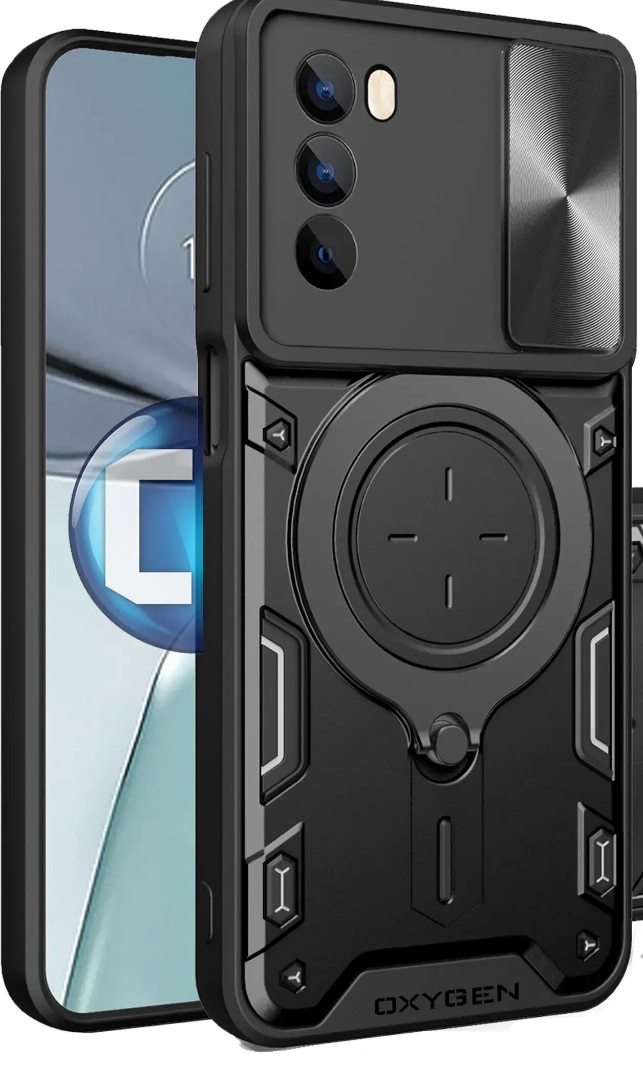 Obraz przedstawia czarne etui na telefon z trzema otworami na aparaty i napisem \'OXYGEN\' na dole. Obok widoczny jest telefon z wyświetlaczem, na którym znajduje się niebieski okrąg z literą \'L\'.
