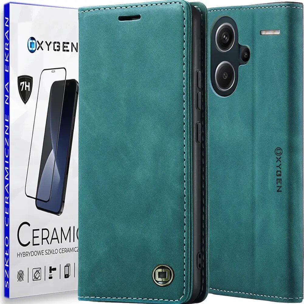 Na obrazie widoczne jest zielone etui na telefon z logo \'OXYGEN\', obok którego znajduje się opakowanie z napisem \'CERAMIC\' oraz \'HYBRYDOWE SZKŁO CERAMICZNE NA EKRAN\'.