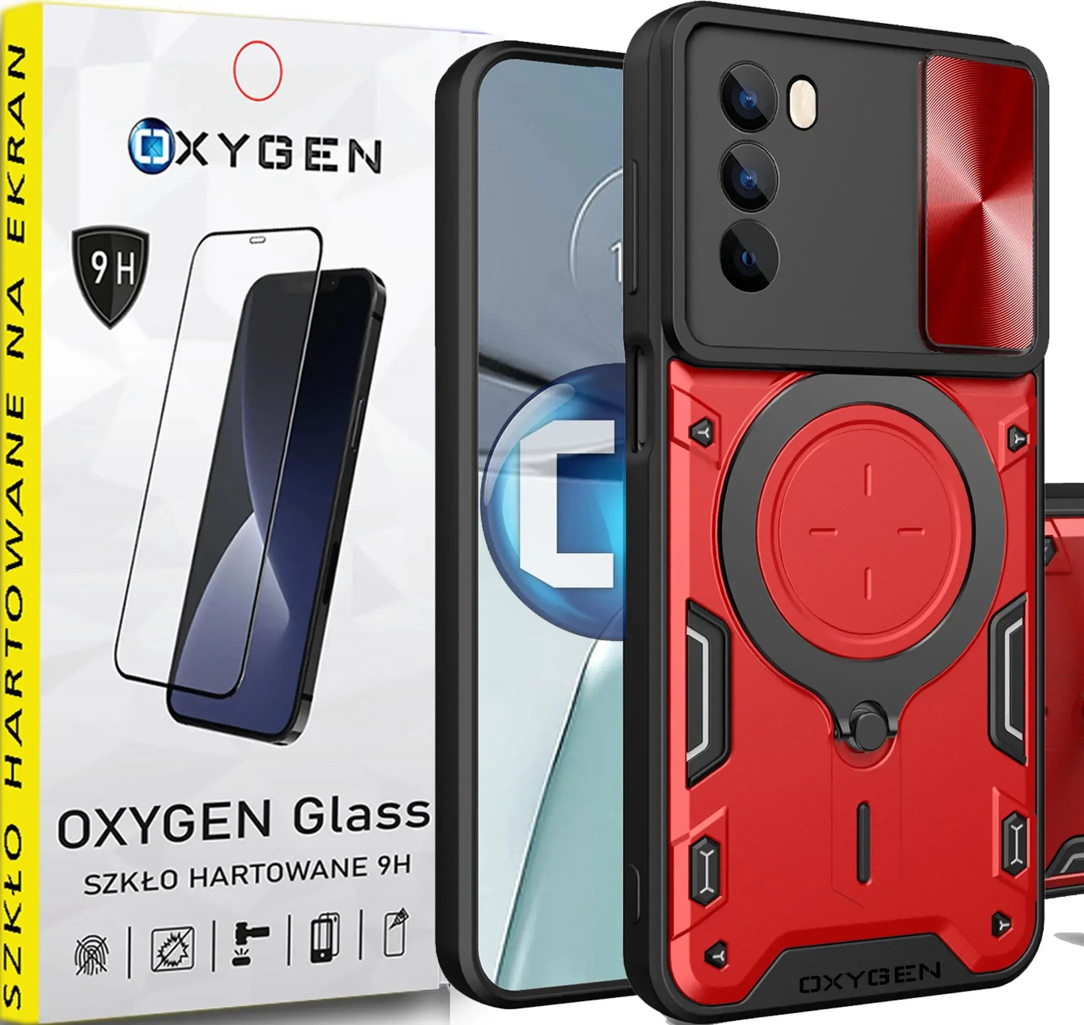 Obraz przedstawia czerwone etui na telefon z czarnymi elementami oraz opakowanie szkła hartowanego z napisem \'OXYGEN Glass SZKŁO HARTOWANE 9H\'.
