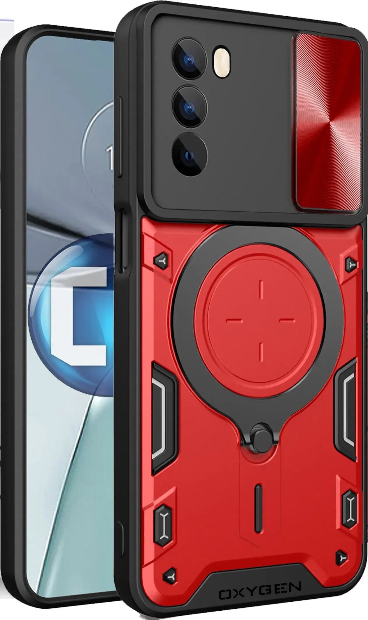 Obraz przedstawia czerwono-czarne etui na telefon z napisem \'OXYGEN\' na dole. Etui ma wycięcia na aparat i przyciski oraz okrągły wzór na środku.