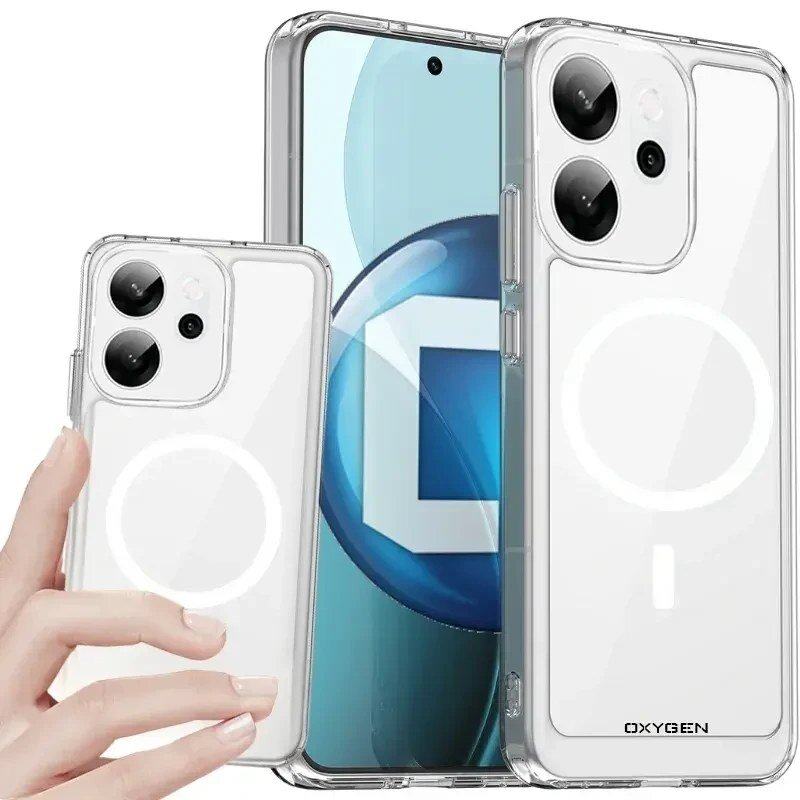 Obraz przedstawia przezroczyste etui na telefon z widocznym logo \'OXYGEN\' oraz okrągłym wzorem sugerującym kompatybilność z MagSafe. Etui jest założone na telefon z trzema aparatami fotograficznymi.