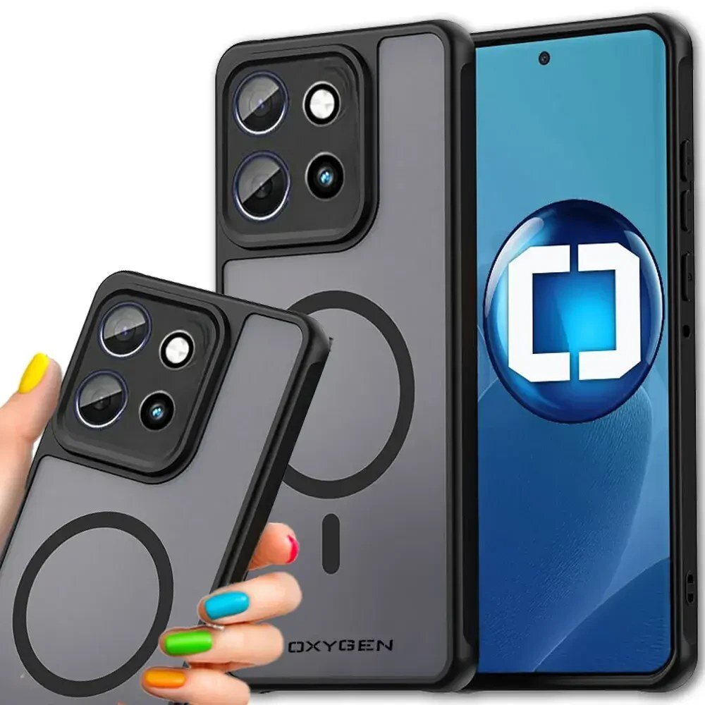 Obraz przedstawia dwa etui na telefon z widocznym logo \'OXYGEN\' oraz okrągłym wzorem sugerującym funkcję MagSafe. Etui są w kolorze szarym z czarnymi elementami, a w tle widoczny jest ekran telefonu z niebieskim motywem graficznym.