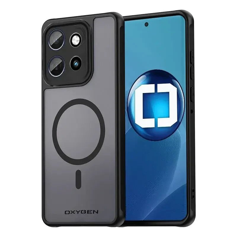Obraz przedstawia etui na telefon z napisem \'OXYGEN\' oraz okrągłym wzorem sugerującym kompatybilność z MagSafe. Obok etui widoczny jest telefon z niebieskim ekranem i logo w kształcie białego kwadratu z zaokrąglonymi rogami.