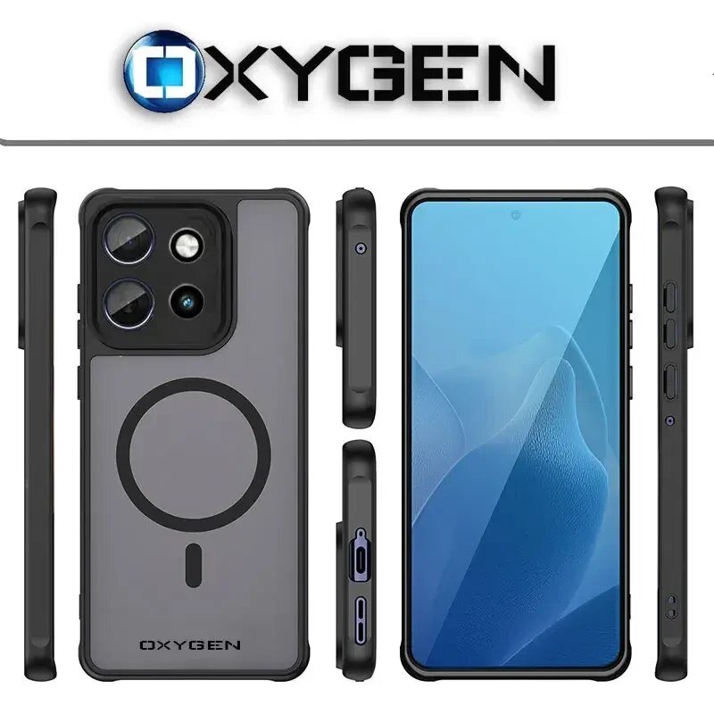 Obraz przedstawia etui na telefon z logo \'OXYGEN\', widoczne z różnych perspektyw. Etui ma okrągły wzór na tylnej części i jest przeznaczone do telefonu z trzema obiektywami aparatu.