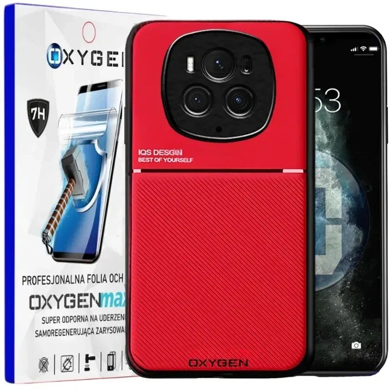 Na obrazie widoczne jest czerwone etui na telefon z napisem \'IQS DESIGN BEST OF YOURSELF\' oraz opakowanie z napisem \'OXYGENmax\'.