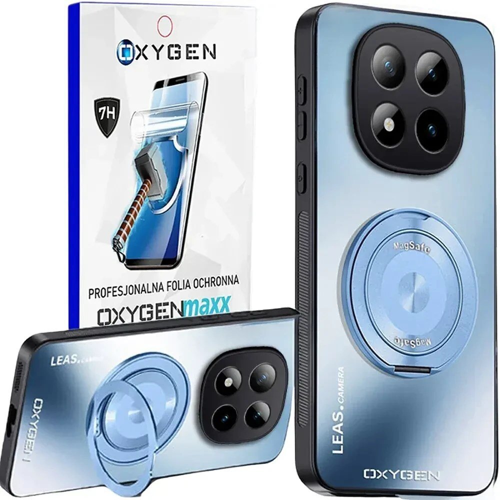 Na obrazie widoczne jest etui na telefon z napisem \'OXYGEN\' oraz \'LEAS.CAMERA\', a także opakowanie z napisem \'PROFESJONALNA FOLIA OCHRONNA OXYGENmaxx\'.