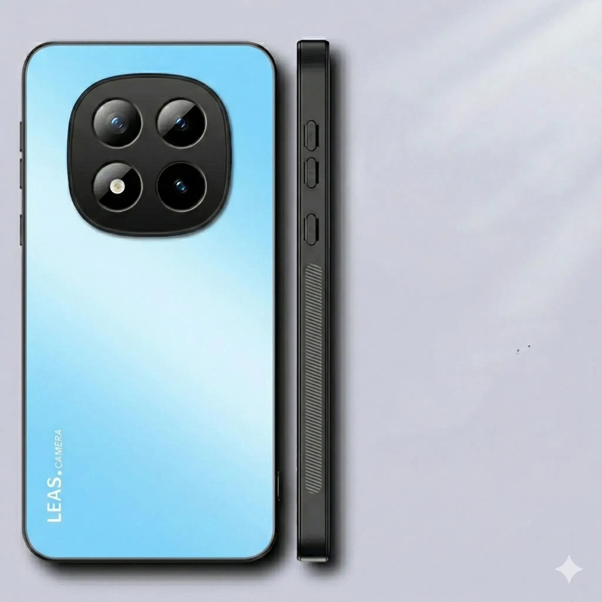 Na obrazie widoczne jest niebieskie etui na telefon z trzema dużymi otworami na aparat oraz napisem \'LEAS CAMERA\'.