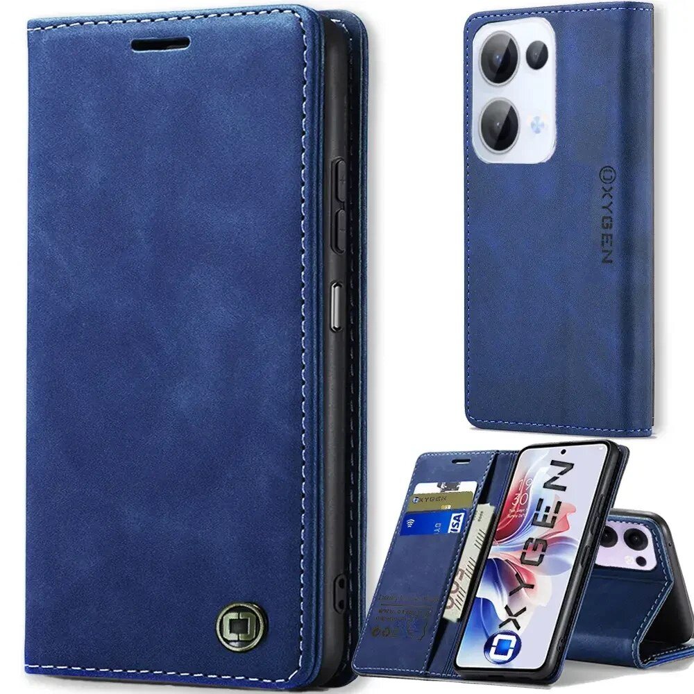 Na obrazie widoczne jest niebieskie etui na telefon z logo \'OXYGEN\' oraz miejscem na karty. Etui jest otwarte, ukazując ekran telefonu i dwie karty w środku.