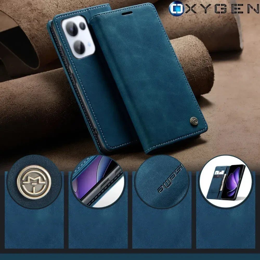 Na zdjęciu widoczne jest niebieskie etui na telefon z klapką, z logo \'OXYGEN\' w prawym górnym rogu. W dolnej części obrazu znajdują się zbliżenia na detale etui, takie jak logo, wykończenie i kieszonka na kartę.