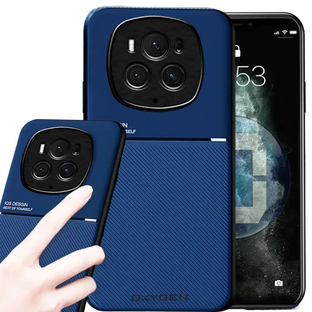 Na obrazie widoczne jest niebieskie etui na telefon z napisem \'IQS DESIGN BEST OF YOURSELF\' oraz \'OXYGEN\'. Etui ma wycięcie na aparat z trzema obiektywami i lampą błyskową.