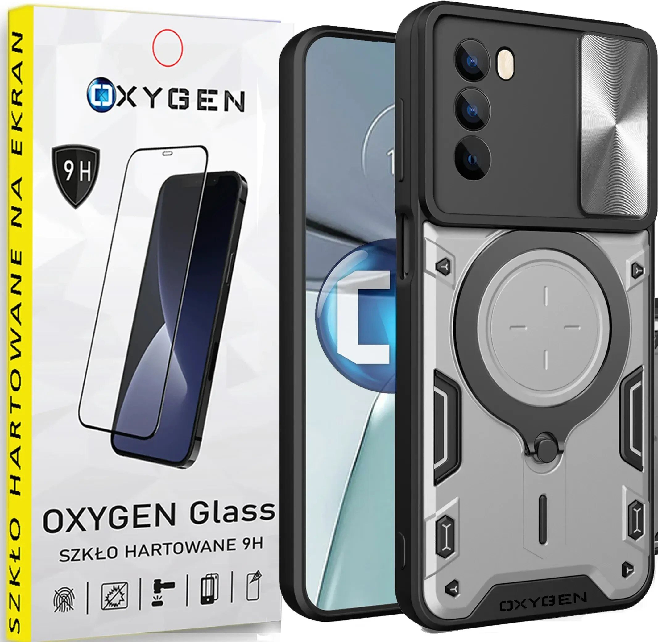 Obraz przedstawia opakowanie szkła hartowanego OXYGEN Glass 9H oraz etui na telefon z widocznym napisem \'OXYGEN\'. Etui ma nowoczesny design z okrągłym wzorem i trzema otworami na aparaty.