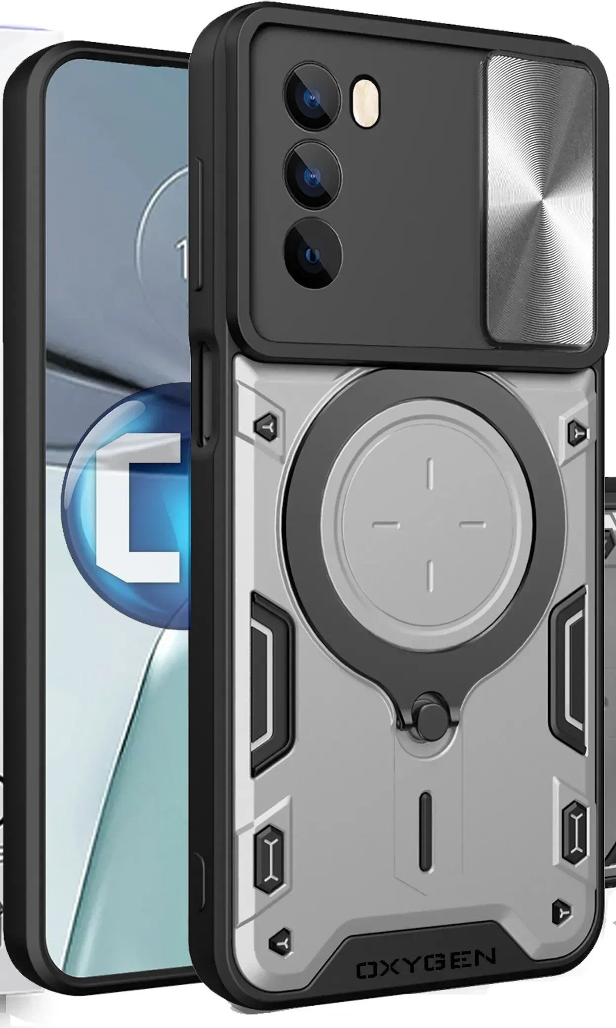 Etui na telefon z napisem \'OXYGEN\' ma nowoczesny design z wyraźnymi elementami ochronnymi i miejscem na aparat. W tle widoczny jest fragment telefonu z ekranem.