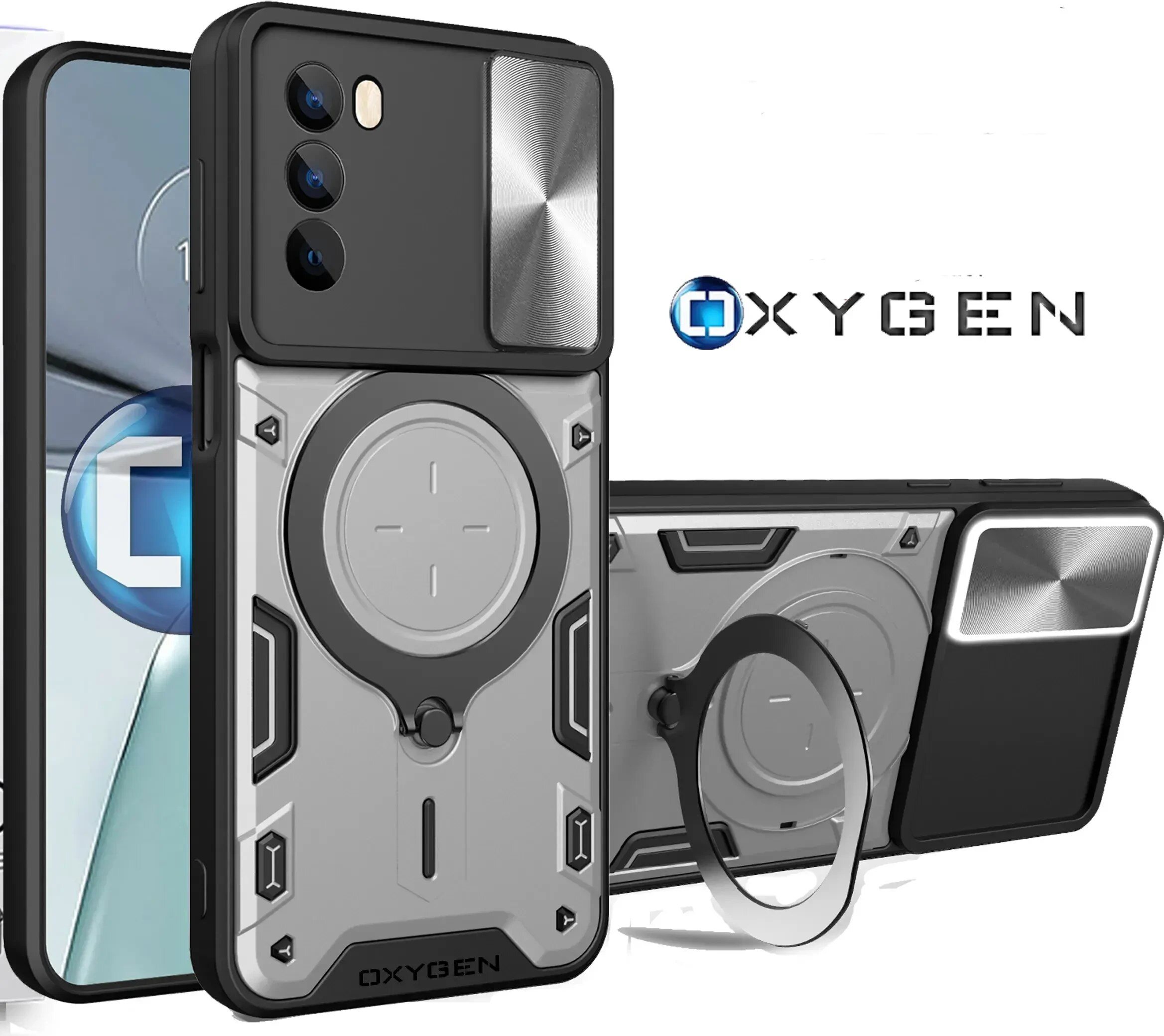 Obraz przedstawia etui na telefon z napisem \'OXYGEN\' oraz logo. Etui ma nowoczesny design z elementami w kolorze czarnym i srebrnym, a także wbudowany uchwyt pierścieniowy.