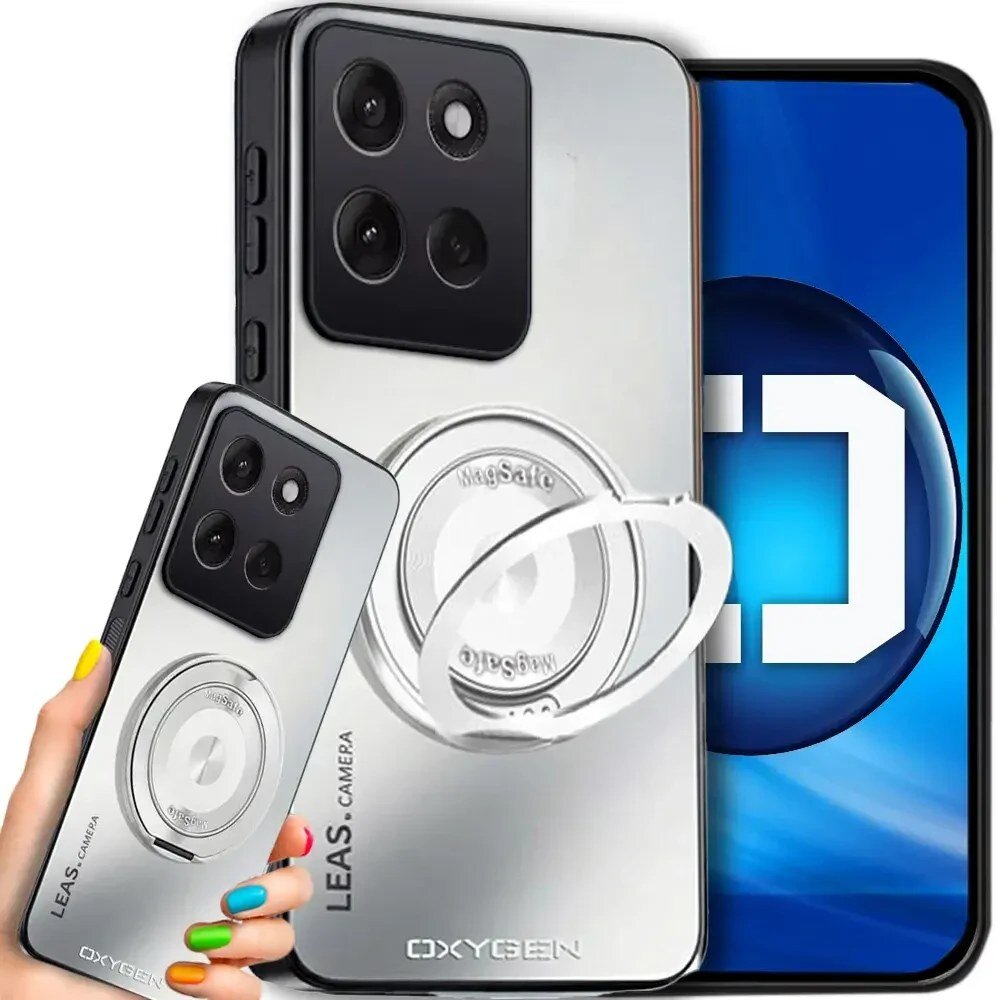 Obraz przedstawia etui na telefon z napisem \'LEAS. CAMERA\' oraz \'OXYGEN\'. Etui ma srebrny kolor i posiada okrągły uchwyt z napisem \'MagSafe\'.