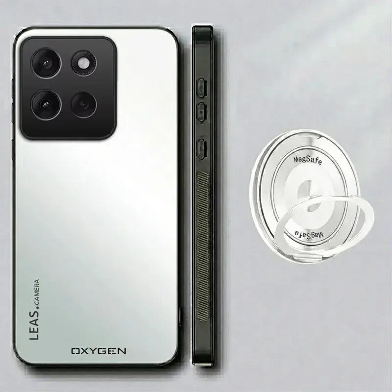 Obraz przedstawia etui na telefon z napisem \'LEAS CAMERA\' i \'OXYGEN\'. Obok znajduje się okrągły uchwyt z napisem \'MagSafe\'.