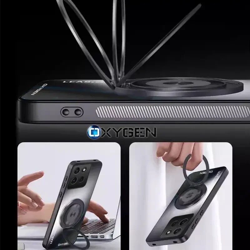 Obraz przedstawia etui na telefon z logo OXYGEN, z funkcją stojaka i uchwytu. Etui jest pokazane w różnych ujęciach, w tym w użyciu przy laptopie i trzymane za uchwyt.