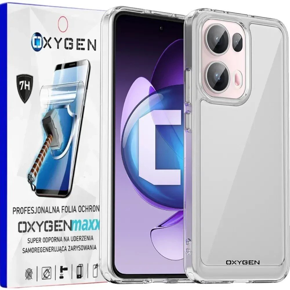 Obraz przedstawia przezroczyste etui na telefon z widocznym logo OXYGEN. Obok znajduje się opakowanie z napisem \'PROFESJONALNA FOLIA OCHRONNA OXYGENmaxx SUPER ODPORNA NA UDERZENIA SAMOREGENERUJĄCA ZARYSOWANIA\'.