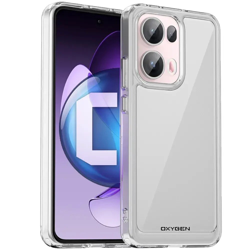 Przezroczyste etui na telefon z widocznym napisem \'OXYGEN\', zaprojektowane dla modelu z dużym ekranem i podwójnym aparatem fotograficznym.