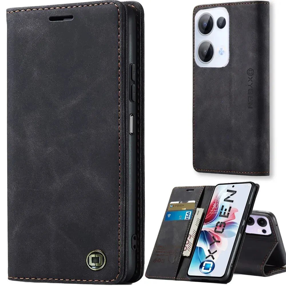 Na obrazie widoczne jest czarne etui na telefon z klapką, z logo OXYGEN oraz miejscem na karty. Etui jest otwarte, ukazując ekran telefonu z napisem \'OXYGEN\'.