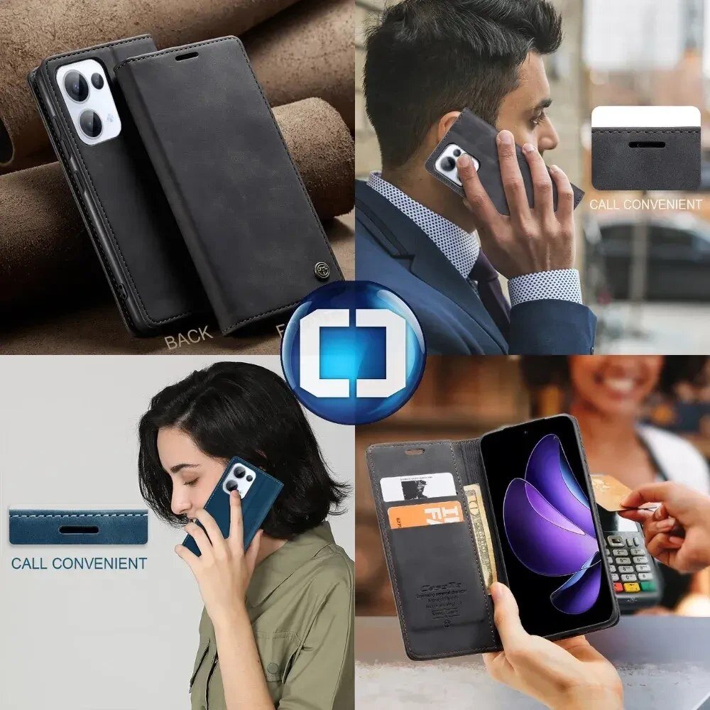 Obraz przedstawia etui na telefon z funkcją portfela, w którym znajdują się karty i banknoty. Widoczny jest napis \'CALL CONVENIENT\' oraz logo w kształcie niebieskiego okręgu z białym symbolem w środku.