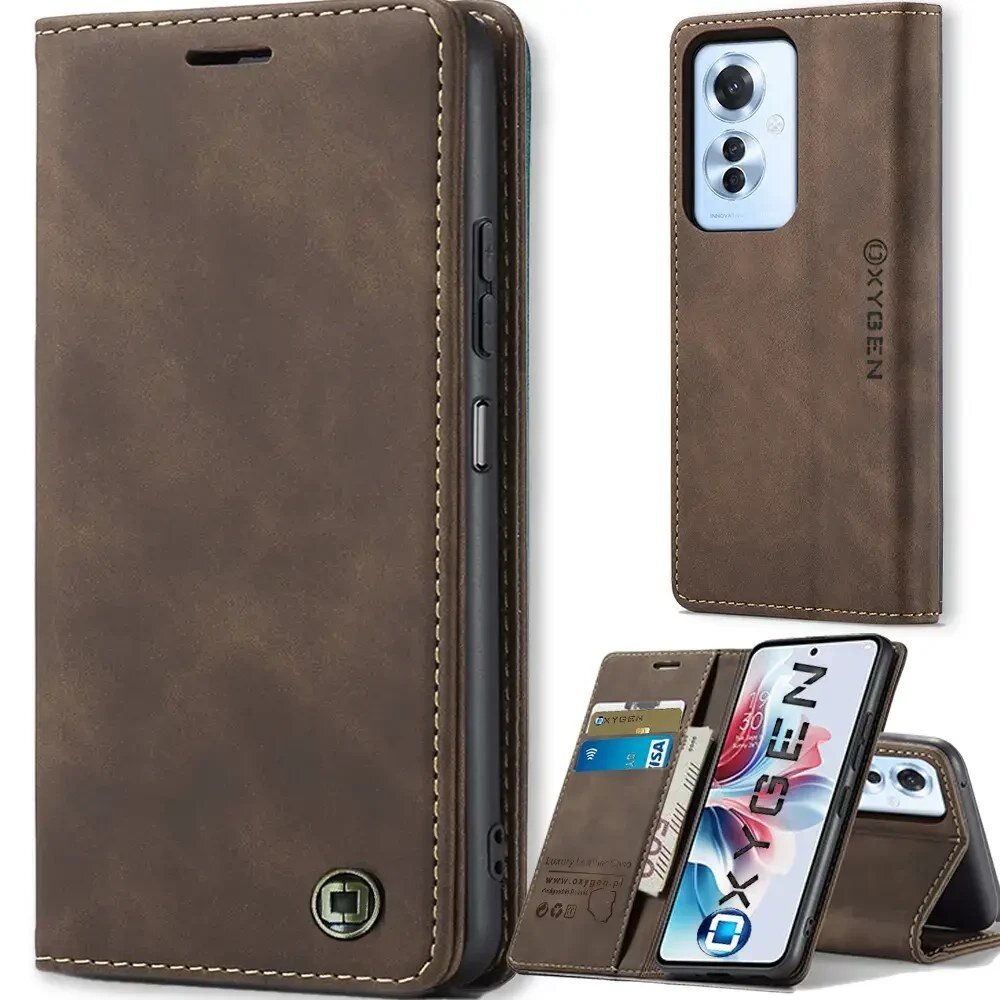 Brązowe etui na telefon z klapką, z widocznym logo \'OXYGEN\'. Wewnątrz znajdują się kieszonki na karty oraz miejsce na telefon z wyświetlaczem pokazującym napis \'OXYGEN\'.