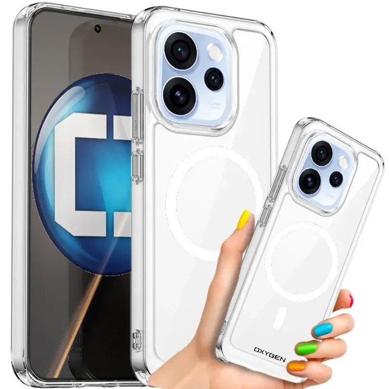 Przezroczyste etui na telefon z widocznym logo \'OXYGEN\' trzymane w dłoni z kolorowymi paznokciami. W tle telefon z dużym ekranem i trzema obiektywami aparatu.
