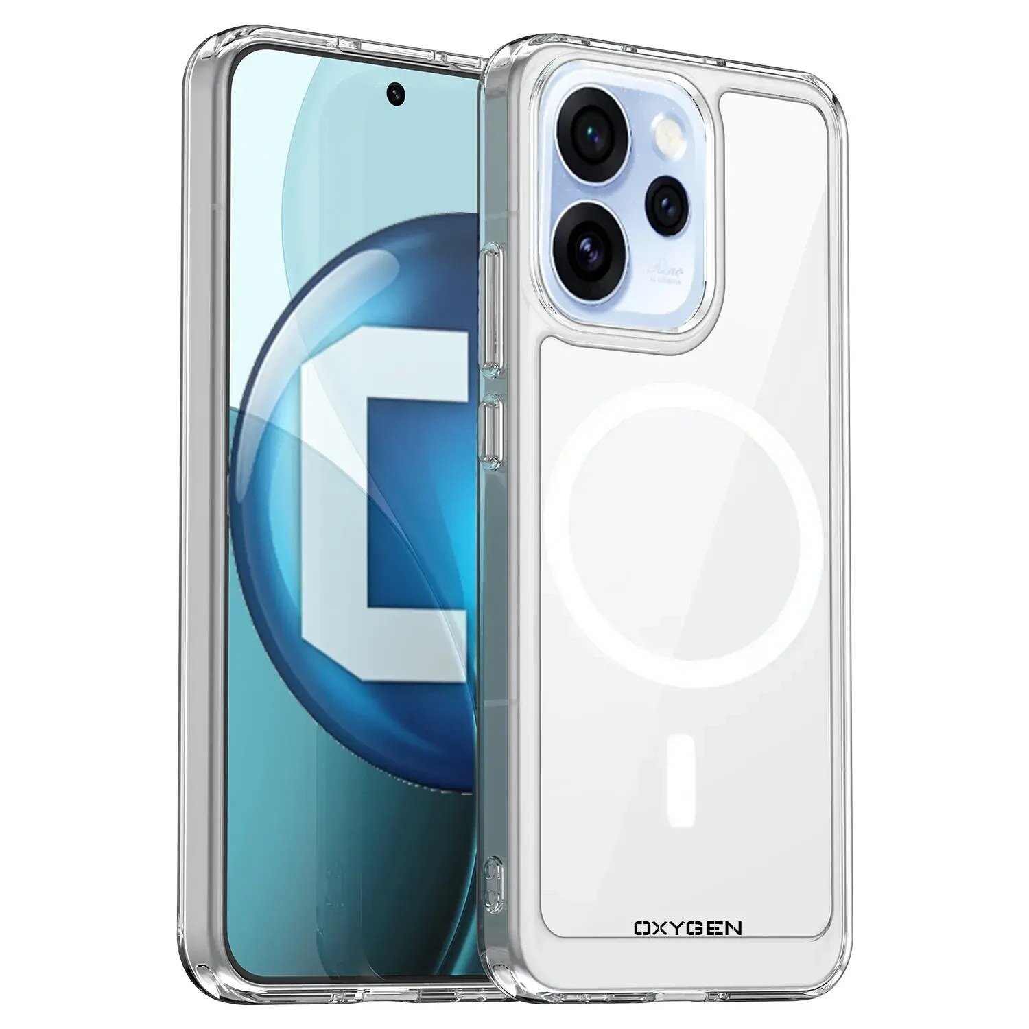 Przezroczyste etui na telefon z widocznym logo \'OXYGEN\' na dole, posiada okrągły wzór MagSafe. Obok etui znajduje się telefon z wyświetlaczem pokazującym niebieski motyw z literą \'C\'.