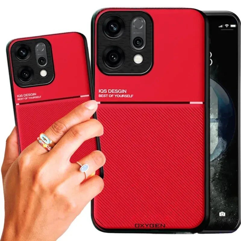 Czerwone etui na telefon z napisem \'IQS DESIGN BEST OF YOURSELF\' oraz logo \'OXYGEN\'. Etui posiada wycięcia na trzy obiektywy aparatu i lampę błyskową.