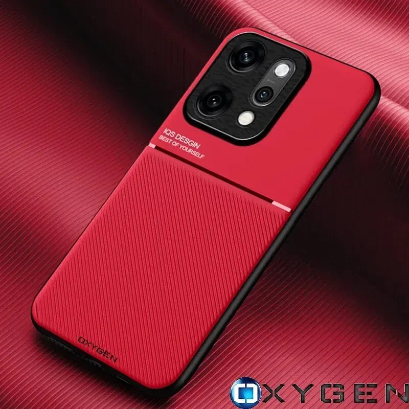 Czerwone etui na telefon z napisem \'IQS DESIGN BEST OF YOURSELF\' oraz \'OXYGEN\'. Widoczne są wycięcia na aparat i logo OXYGEN na tle o podobnej fakturze.